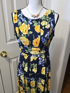 PERCEPTIONS NEW YORK WOMEN'S PETITE BLUE SLEEVELESS FLORAL DRESS SIZE PS